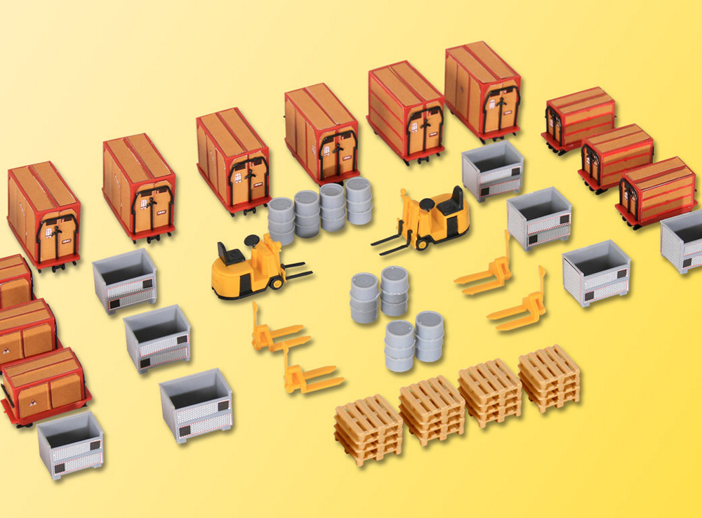 Kibri Selection of Small Container Pallets and x 2 Forklifts 38647