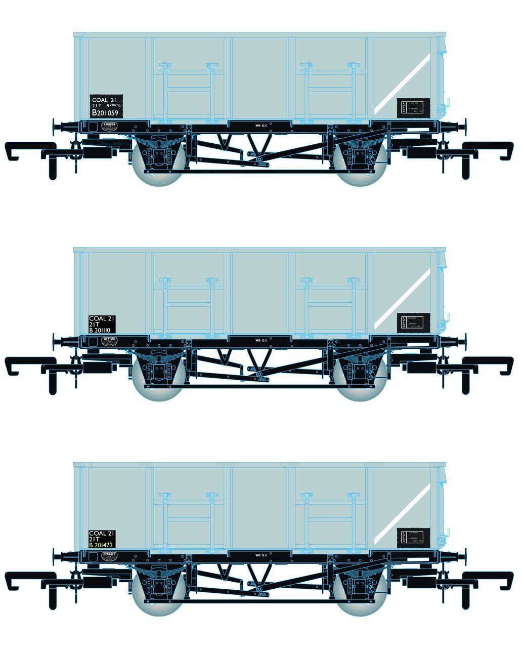 Accurascale ACC1082-MDOC BR 21T COAL21/MDO Mineral Wagon Triple Pack Grey TOPS Pack C